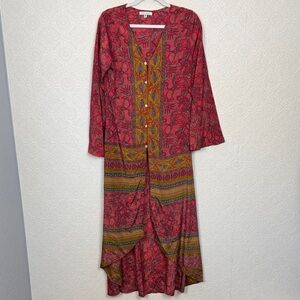 Karma Highway Boho Paisley Midi Dress One Size Pink Orange India‎ Viscose